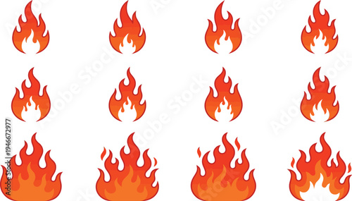 Vector illustration of various flame designs in orange and red hues for graphic design use
