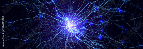 Neural Network Brain Neurone Synapse Connections Lightning Ball Energy Glow. Machine Learning Technology Background for AI Data Flow, BigData, Medical Science Research, Biotech. Vector illustration