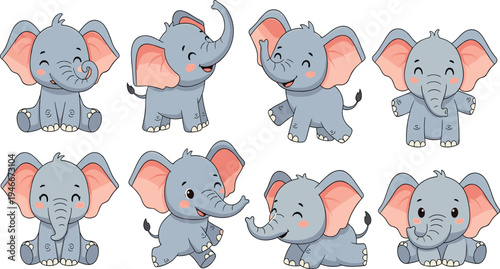 Cute Baby Elephant Character Collection with Different Sitting, Walking and Playing Poses in Adorable Cartoon Safari Style for Kids Nursery Designs.