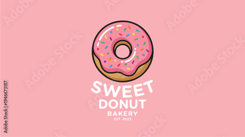 Sweet Pink Donut with Sprinkles and Text Logo.