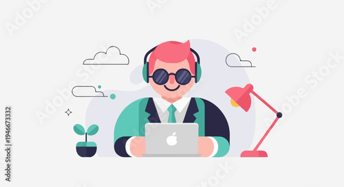 Animated individual with headphones and laptop works at desk with lamp