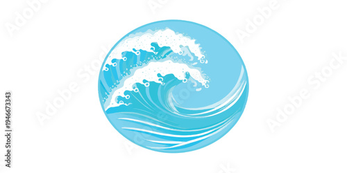 Stylized blue ocean wave cresting inside a circular frame, clean illustration, vector art