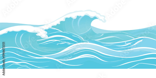 Stylized ocean waves with white crests and light blue water in illustration style, perfect for backgrounds and designs, abstract background, ocean wave, sea wave