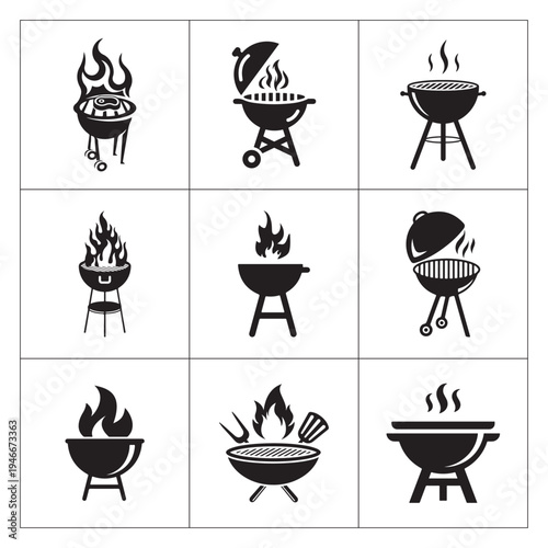 Classic Black BBQ Grill Flame Cooking Icon Collection Set
