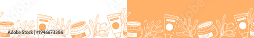 Line Art Sea Buckthorn and Cosmetics Seamless Border Set. Botanical Branch with Berries and Leaves, Beauty Jars and Tubes on Orange White Background. Isolated Vector Horizontal illustration hand-drawn