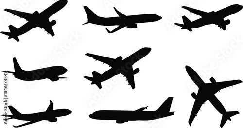 Black silhouettes of airplanes in various flying positions and angles vector graphic illustration