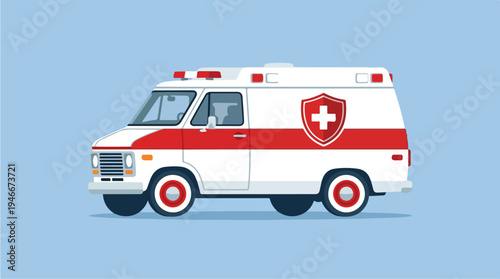 Vintage Ambulance Vehicle with Red Stripe and Medical Symbol.
