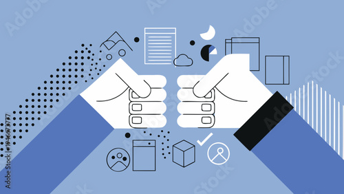 Hands joining with abstract shapes representing collaboration and agreement