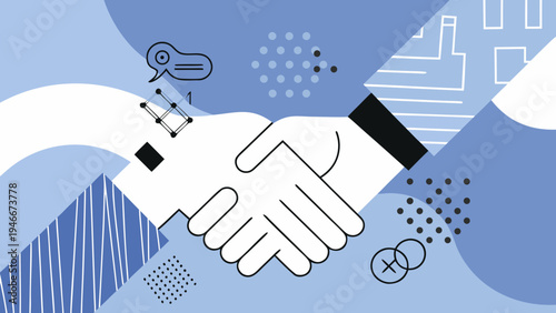 A stylized illustration depicting a business agreement and partnership handshake