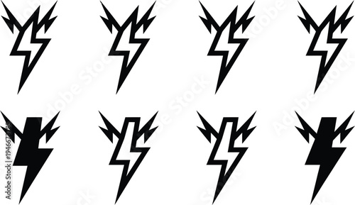 Set of eight black lightning bolt vector graphic illustrations