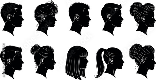 Set of profile silhouettes featuring various modern hairstyles for men and women, including buns, ponytails, fades, and bangs vector illustration.