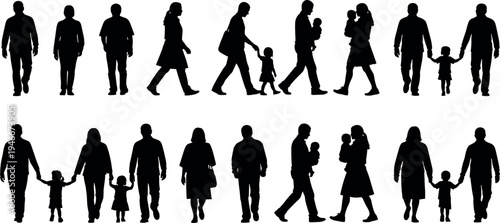 Set of Walking People Silhouettes, Parents with Children, Families with Babies, Men and Women Walking Isolated on White Background Vector