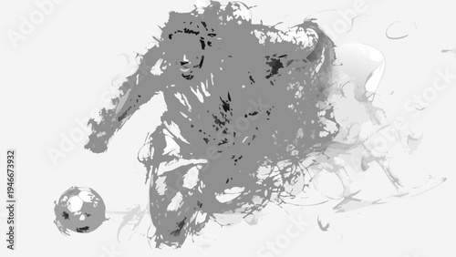 Abstract depiction of a soccer player kicking a ball in grayscale