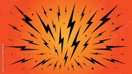 Black lightning bolts and thunderbolts explosion on orange gradient background