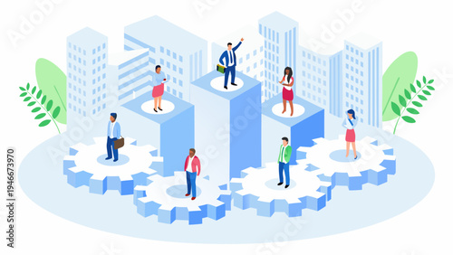 Isometric illustration depicting business people on interconnected gear platforms