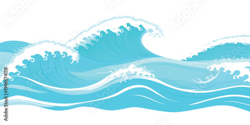 Stylized sea waves and white ocean foam, seamless pattern