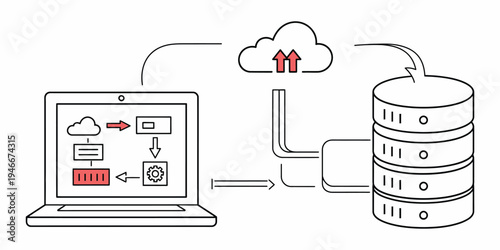 Laptop with Flowchart and Database vector illustration showing data flow, cloud of money above, representing financial management