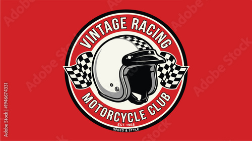 Vintage Motorcycle Club Racing Helmet Emblem with Flags.