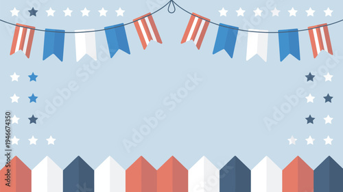 A festive American flag banner with stars and houses on a light blue background for patriotic celebrations