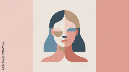 A woman with a split face and different skin tones and hair colors, representing diversity and individuality.