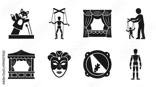 Puppetry Icons Vector – Marionettes, Theater Stage, Masks, Performance Graphic
