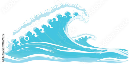 Powerful breaking ocean wave with white spray on a white background