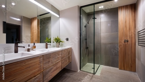 modern bathroom with a walk in shower and wooden vanity