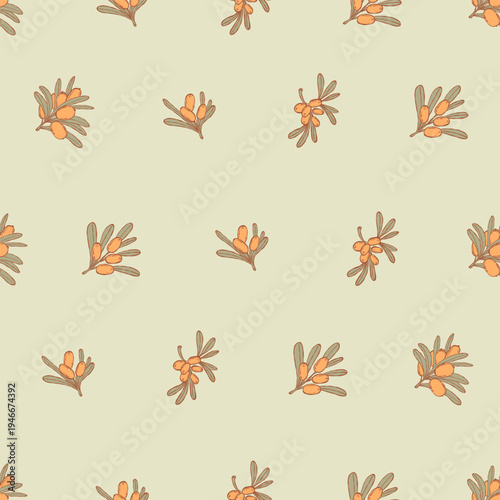 Sea Buckthorn Seamless Pattern. Branch Orange Berries and Leaves on Light Green Background. Botanical Colored hand-drawn template. Vector illustration