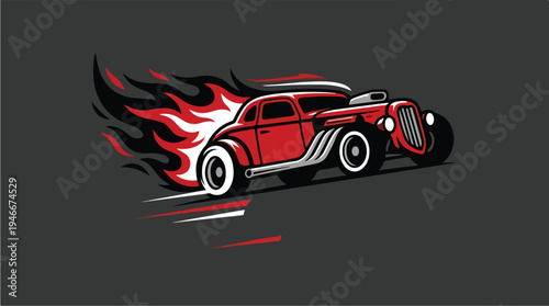Vintage Red Hot Rod Car Speeding with Flames.