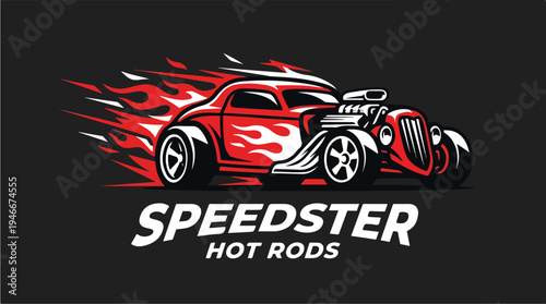 Vintage Red Hot Rod Car with Flames and Speedster Hot Rods Logo.