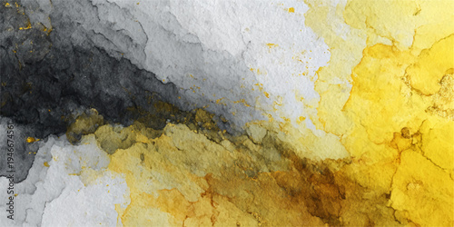 Abstract vibrant watercolor strokes create a mesmerizing visual dance, blending gold, yellow, grey and black. The artwork evokes a sense of fluid movement and rich textural depth.