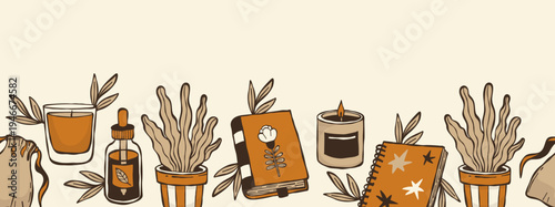 Cozy Home, Hobby Seamless Horizontal Border. Hygge, Candle, Book and Potted Plants on Light Background. Doodle hand drawn. Template Divider with Empty Space. Vector illustration