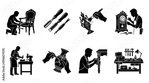 Antique Restoration Icons Vector – Repair Tools, Craftsmen, Furniture, Preservation Graphic