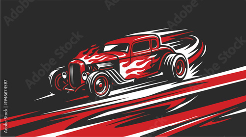 Vintage Red Hot Rod Car with Flames Illustration.