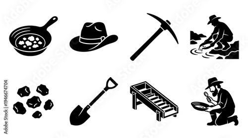 Gold Prospecting Icons Vector – Mining Tools, Panning, Nuggets, Historical Exploration Graphic