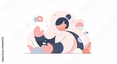 Abstract illustration of a person with a bun and pink shapes