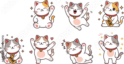 Cute kawaii lucky cat character collection with happy poses waving maneki neko mascot cartoon style vector illustration set