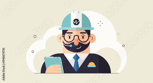 Animated man in a hard hat with headset and tablet