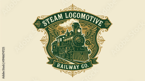Vintage Steam Locomotive Railway Company Emblem.