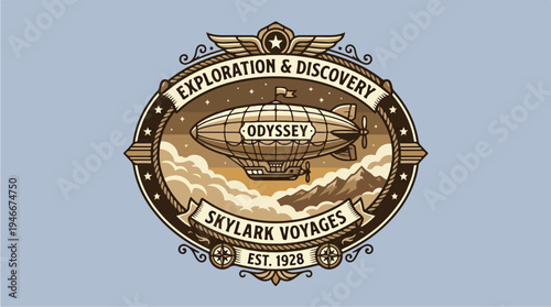 Vintage Steampunk Airship Exploration and Discovery Emblem.
