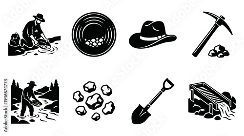 Gold Prospecting Icons Vector – Mining Tools, Panning, Nuggets, Historical Exploration Graphic