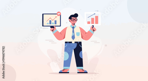 Animated man holding up charts indicating positive growth and success