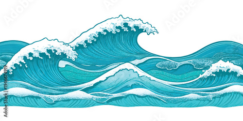 Vintage engraved style blue ocean waves with white foam and spray with crashing wave with sea wave