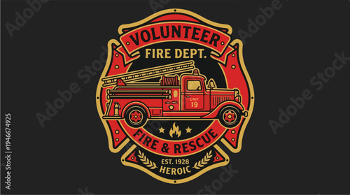 Vintage Volunteer Fire Department Truck Emblem.