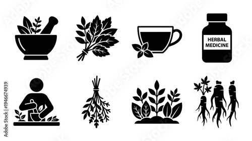 Herbal Medicine Icons Vector – Gardening, Preparation, Tea, Natural Remedies Graphic