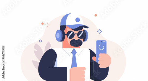 Animated man in cap and sunglasses taking selfie with phone, wearing headphones