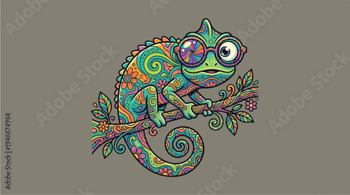 Whimsical Chameleon with Glasses Perched on a Branch.