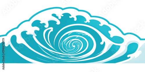 Swirling blue ocean wave vortex with white foam on white background with crashing wave with sea wave with abstract background