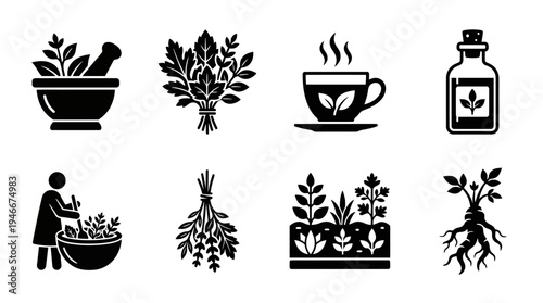 Herbal Medicine Icons Vector – Gardening, Preparation, Tea, Natural Remedies Graphic