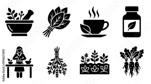 Herbal Medicine Icons Vector – Gardening, Preparation, Tea, Natural Remedies Graphic